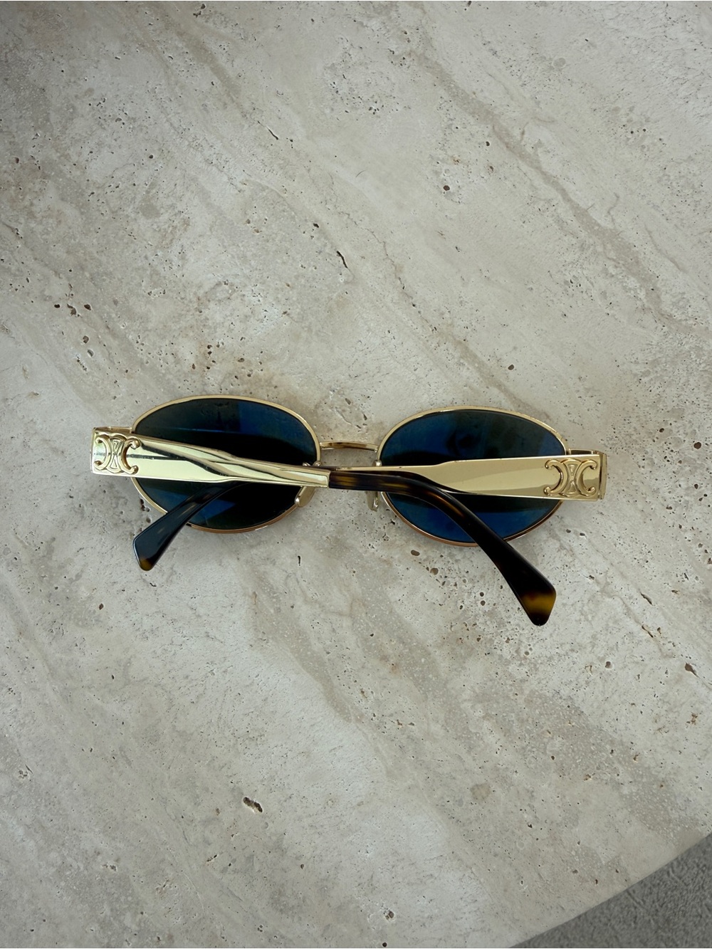 Celine Auth Triomphe Gold Frame Oval Sunglasses with Blue Lenses